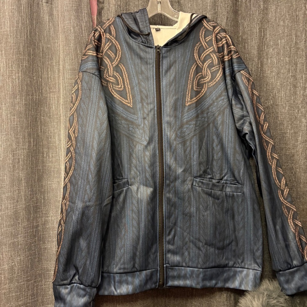 Celtic Knot Graphic Print Zip Up Hoodie Blue‎ Gold Viking Norse Style (Men 3XL)